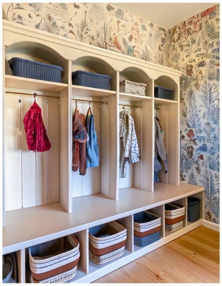 Tiny Mudroom with Wall-Mounted Cubbies