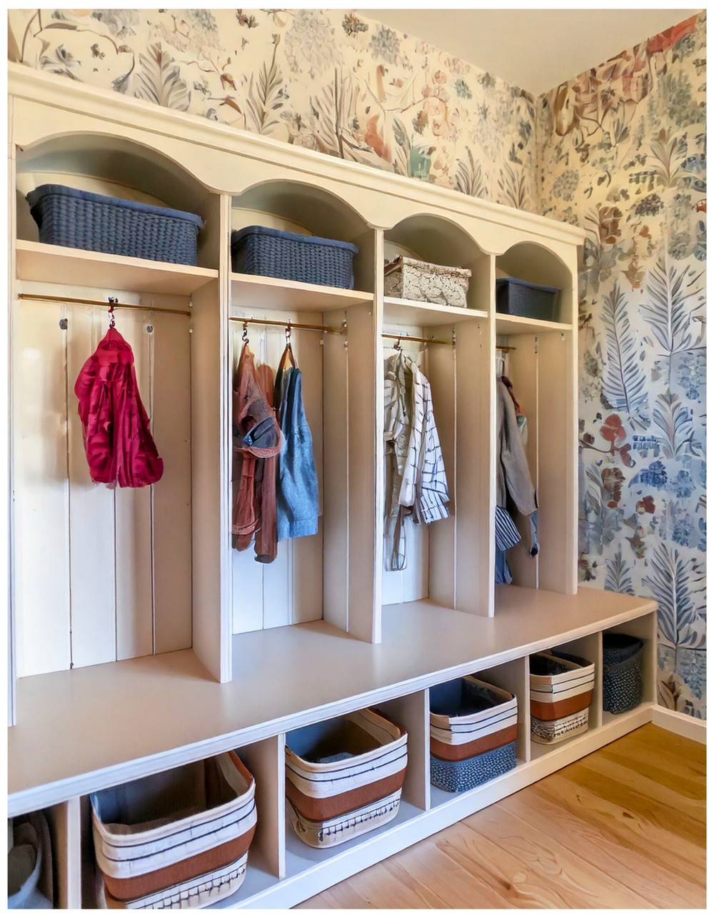 Tiny Mudroom with Wall-Mounted Cubbies