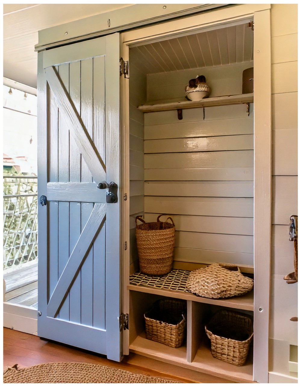 Tiny Mudroom with a Sliding Barn Door