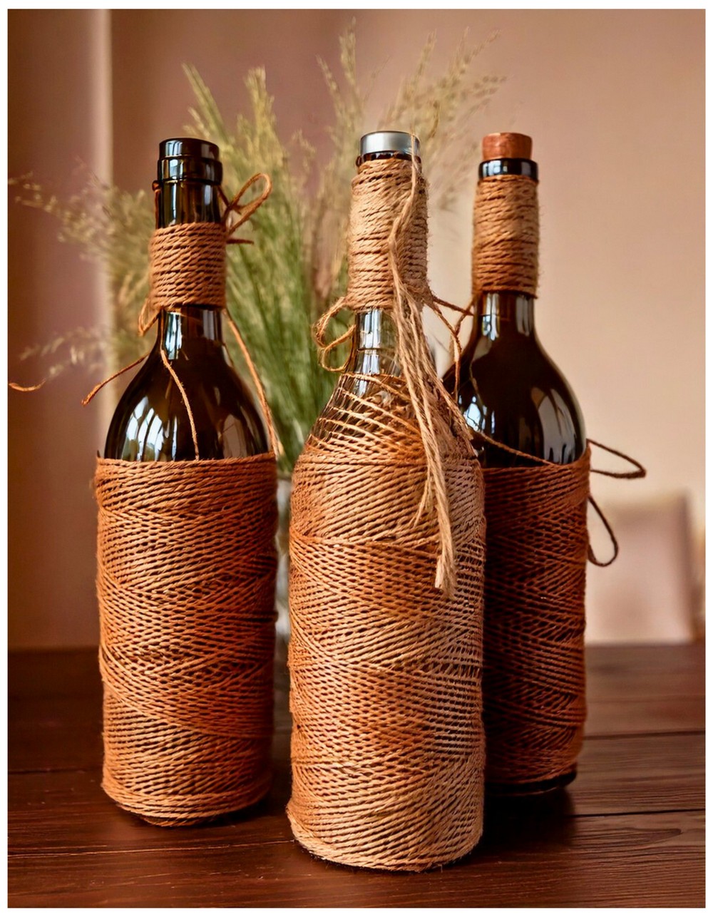 Twine-Wrapped Wine Bottle Vases