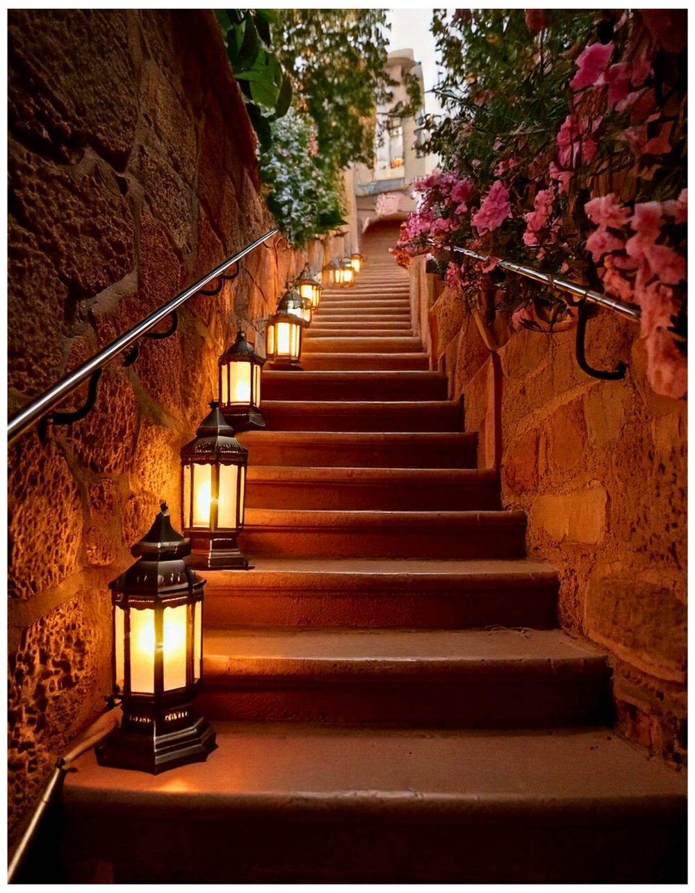 Vintage Lanterns Lined Up the Stairs