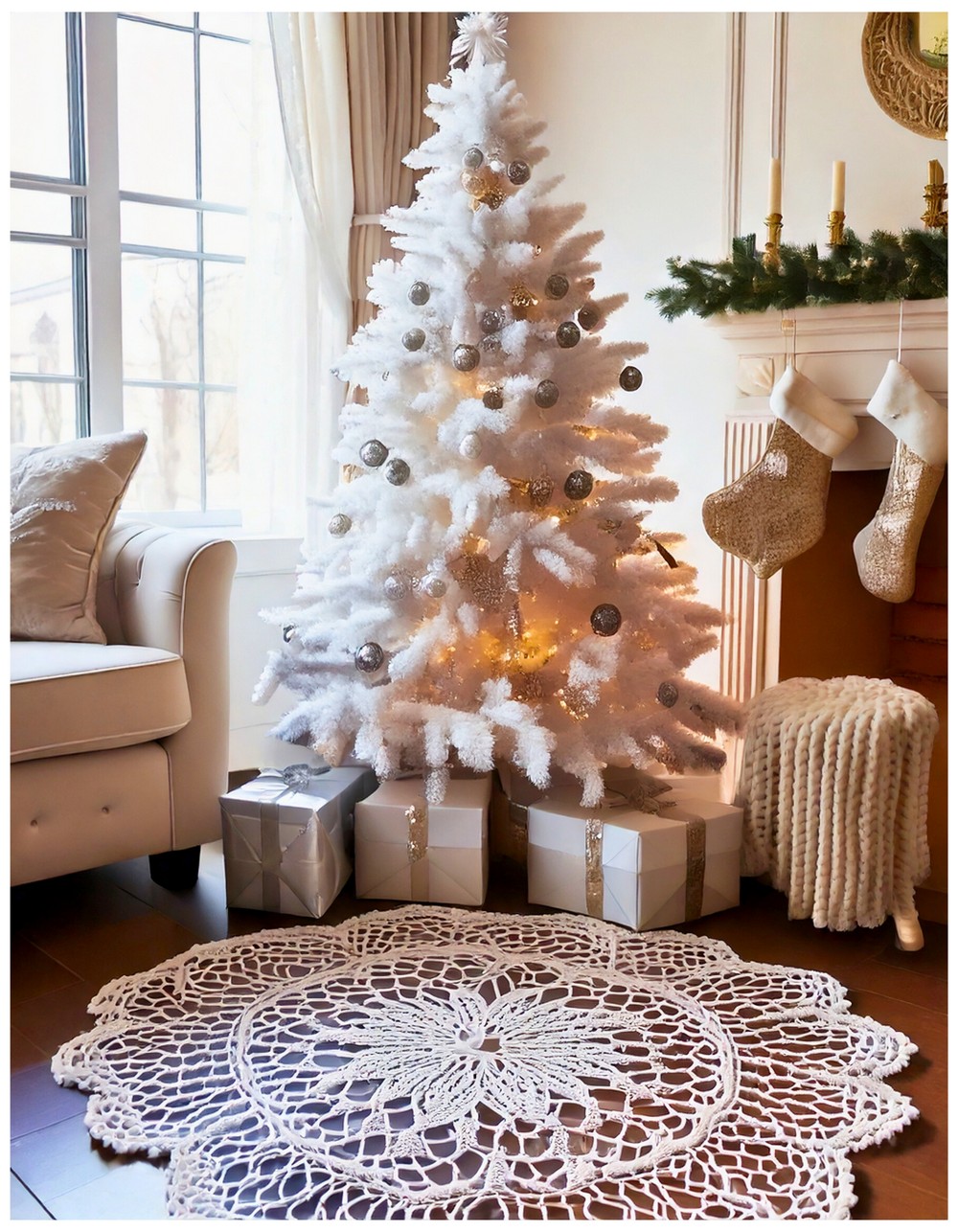 White doily snowflake ornaments with sparkly gem centers