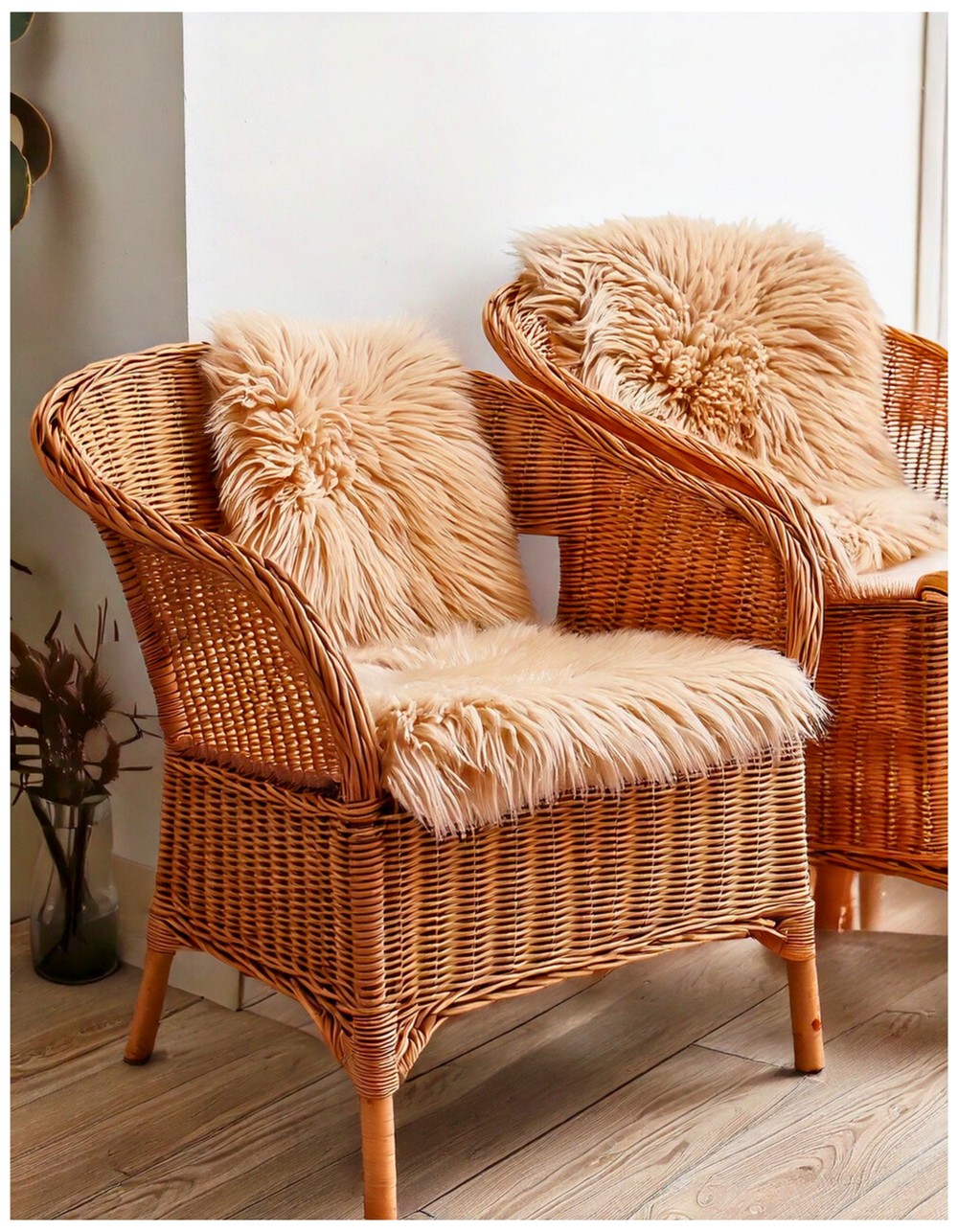 Wicker Chairs with Faux Fur Accents