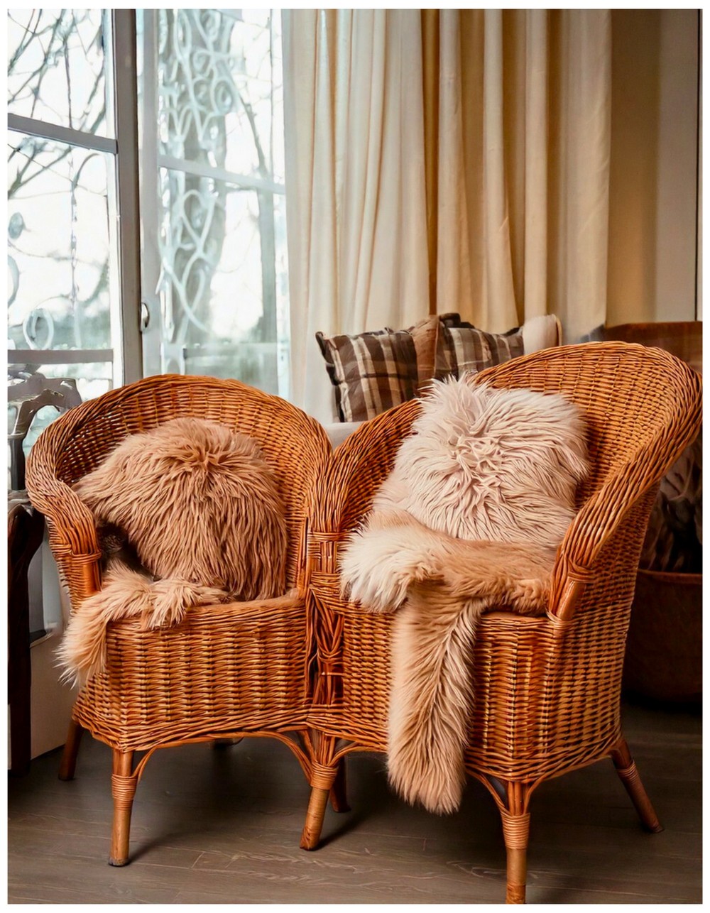 Wicker Chairs with Faux Fur Throws