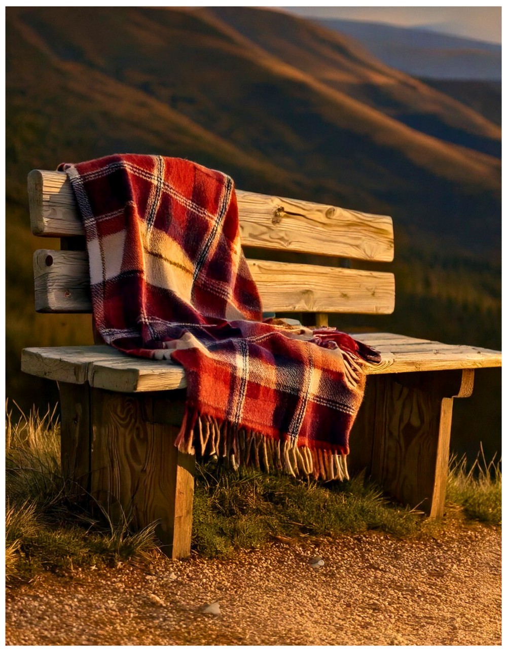 Wooden Bench with Plaid Blanket Accents