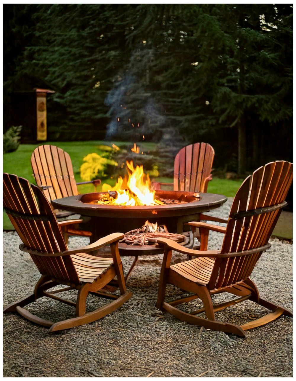 Wooden Rocking Chairs Around a Fire Table