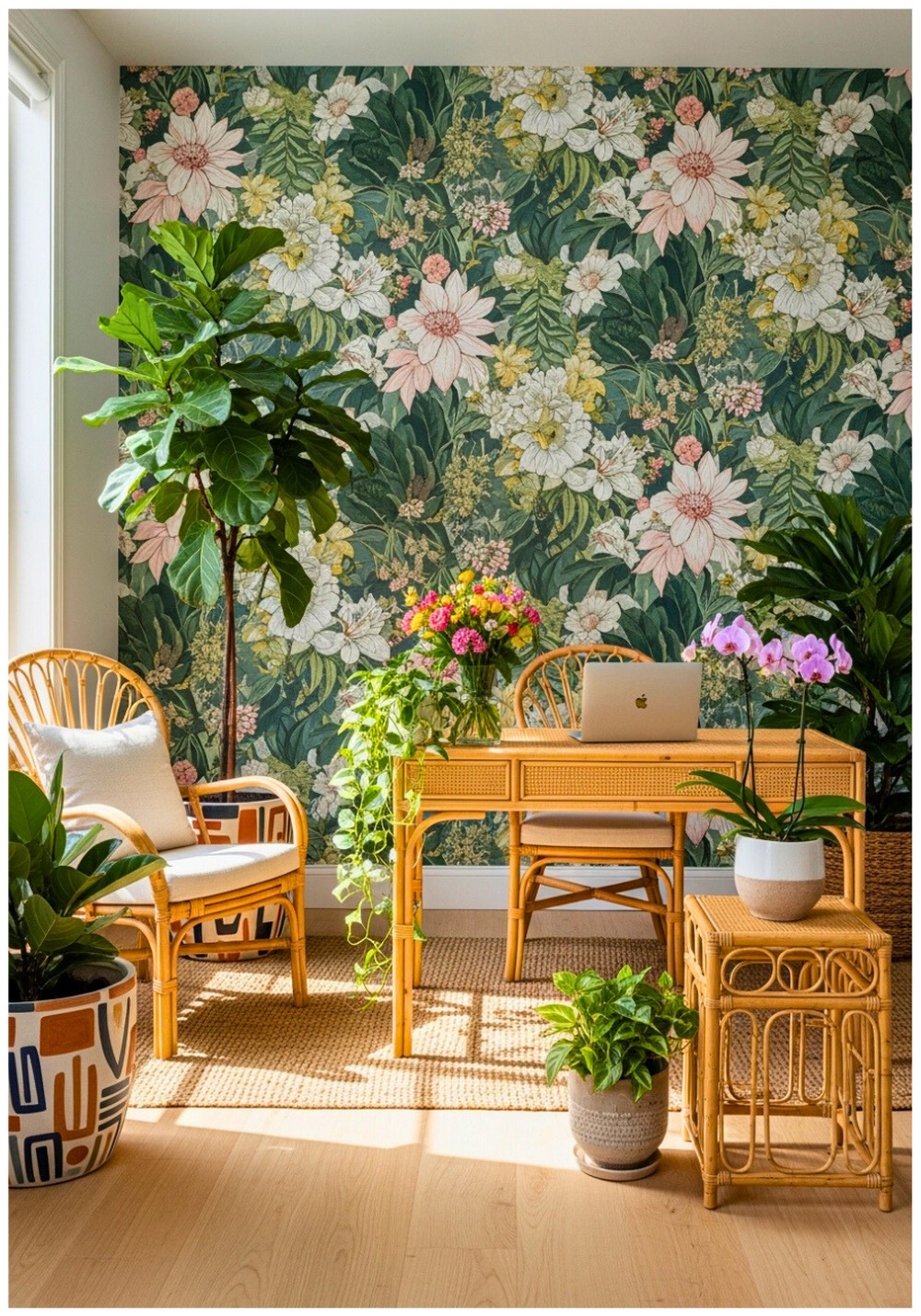 Botanical Haven Floral Wallpaper and Live Plant Displays