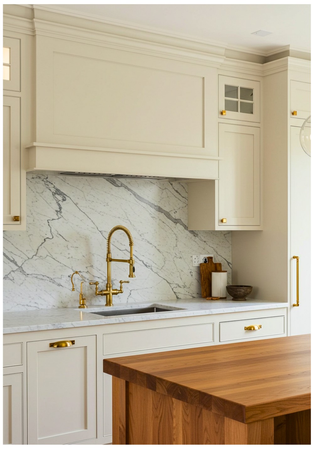 Carrara Backsplash With Brass Fixtures