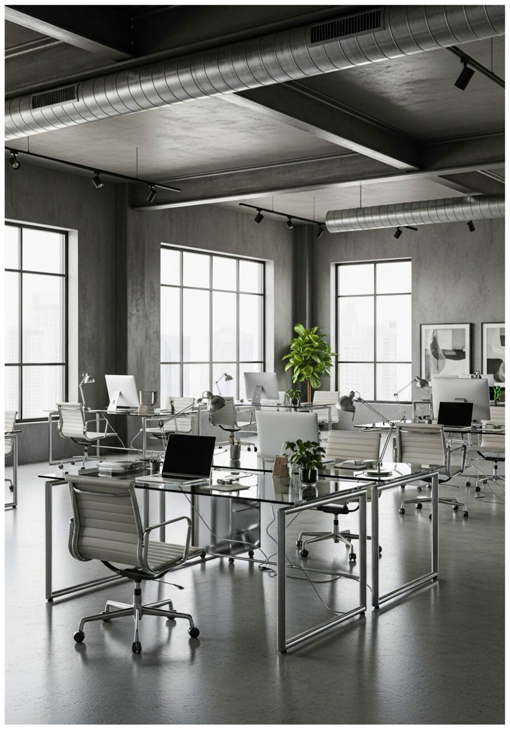Charcoal Concrete Walls With Glass Desk Surfaces