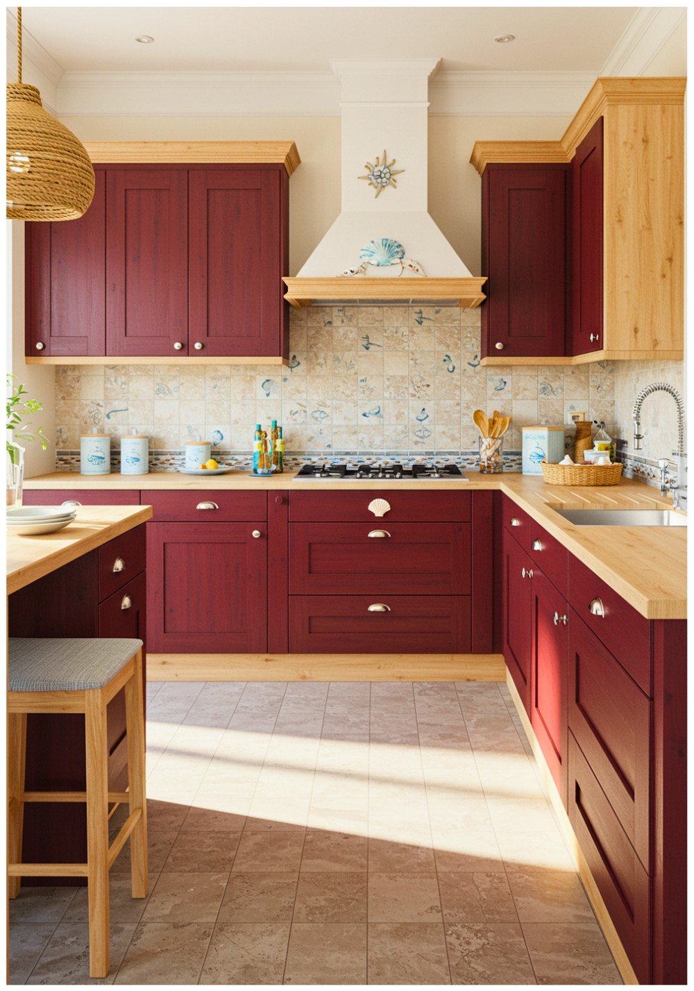 Coastal Burgundy Kitchen Cabinets