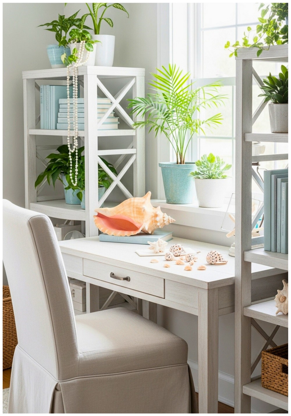 Coastal Cottage Whitewashed Wood and Seashell Accents