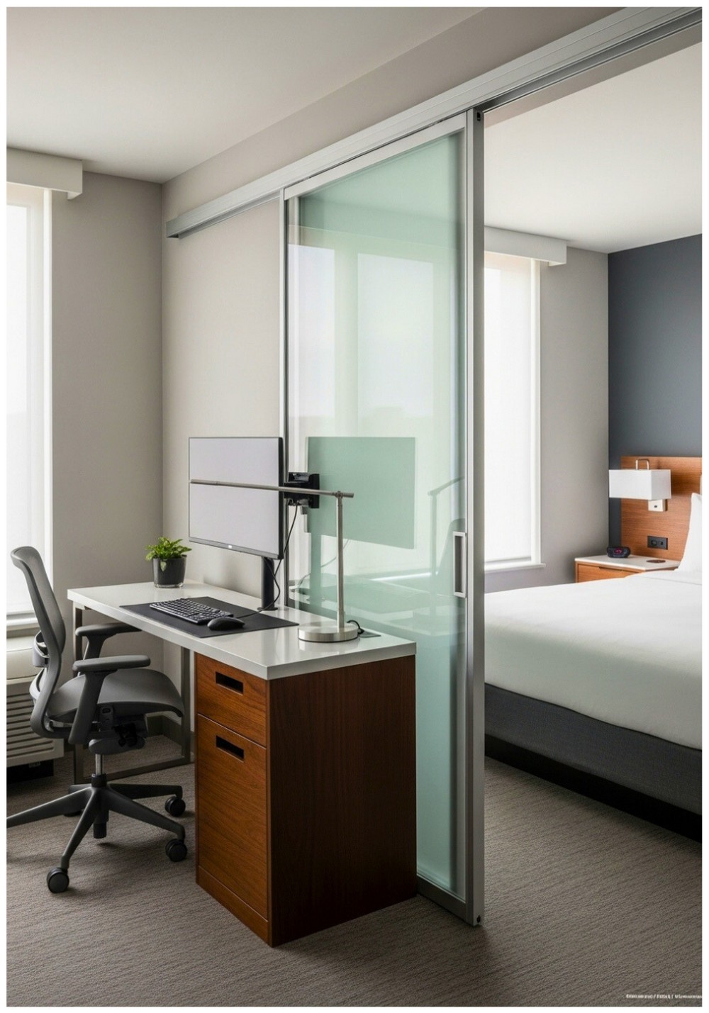 Contemporary Glass Partition Sliding Divider Between Work and Sleep Areas