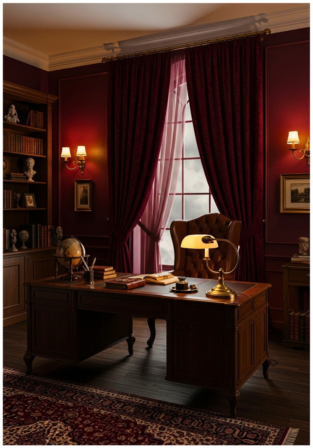 Deep Burgundy Walls With Heavy Velvet Drapes