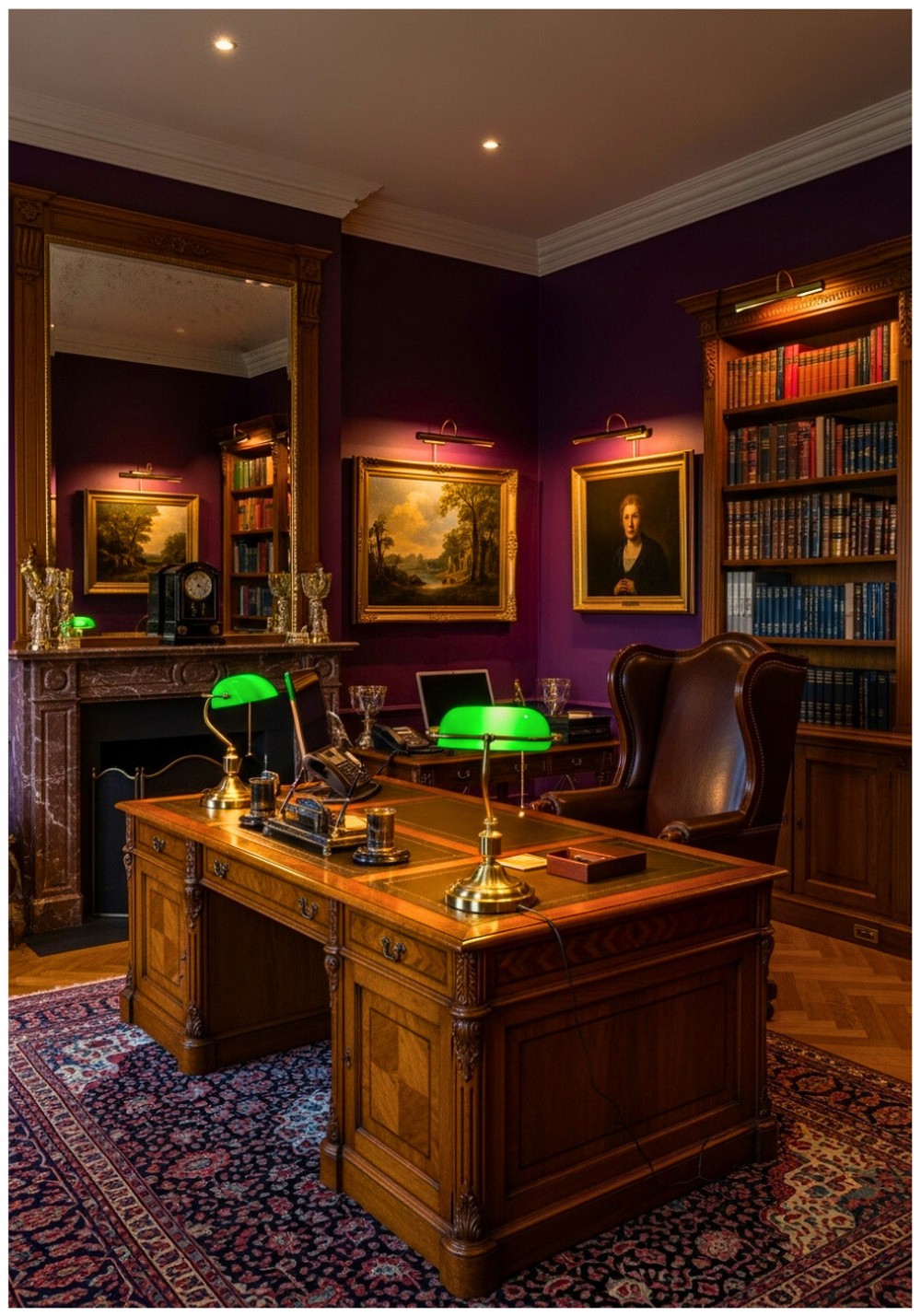 Deep Purple Walls With Ornate Dark Wood Furniture
