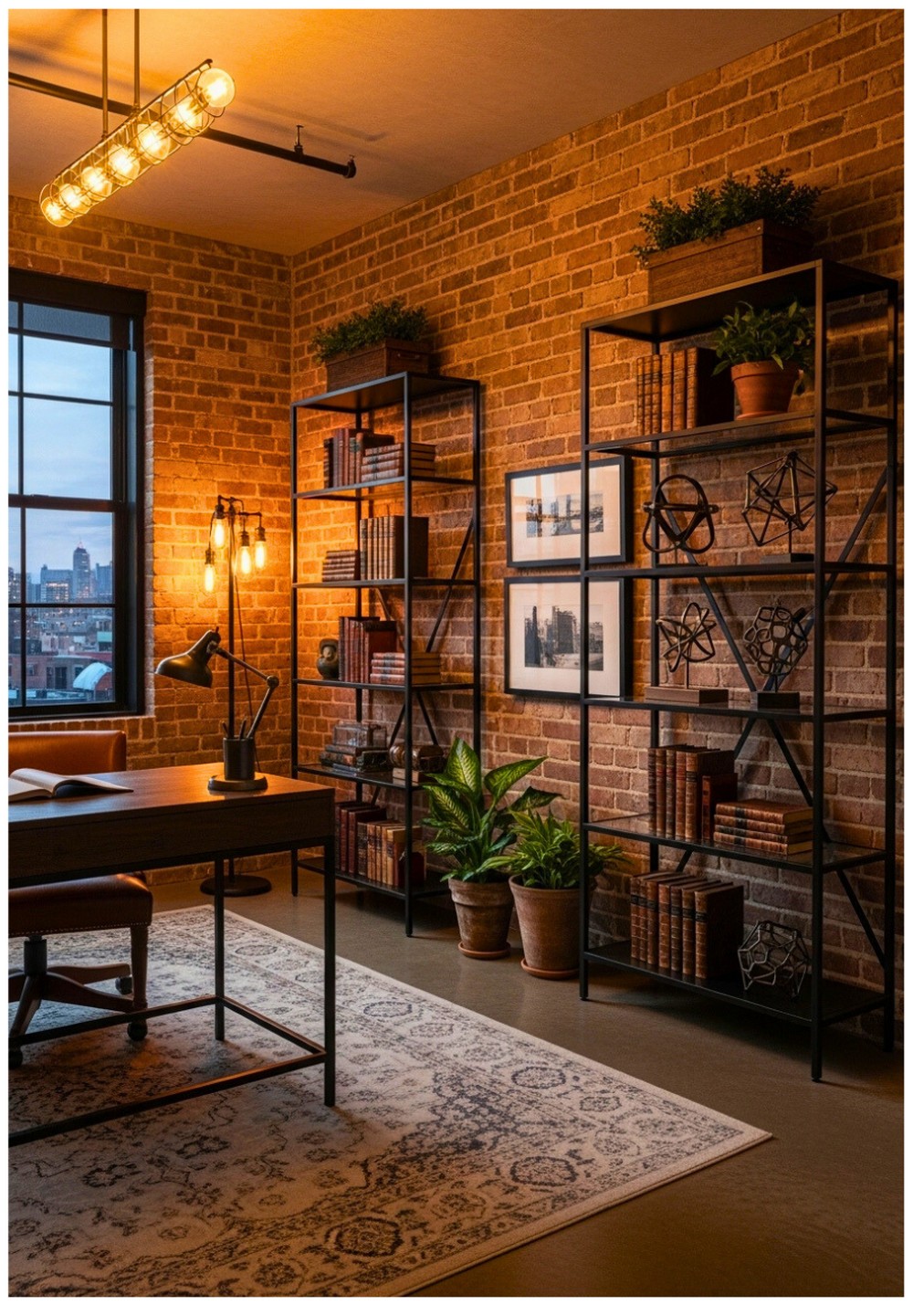 Exposed Brick Walls With Black Metal Shelving