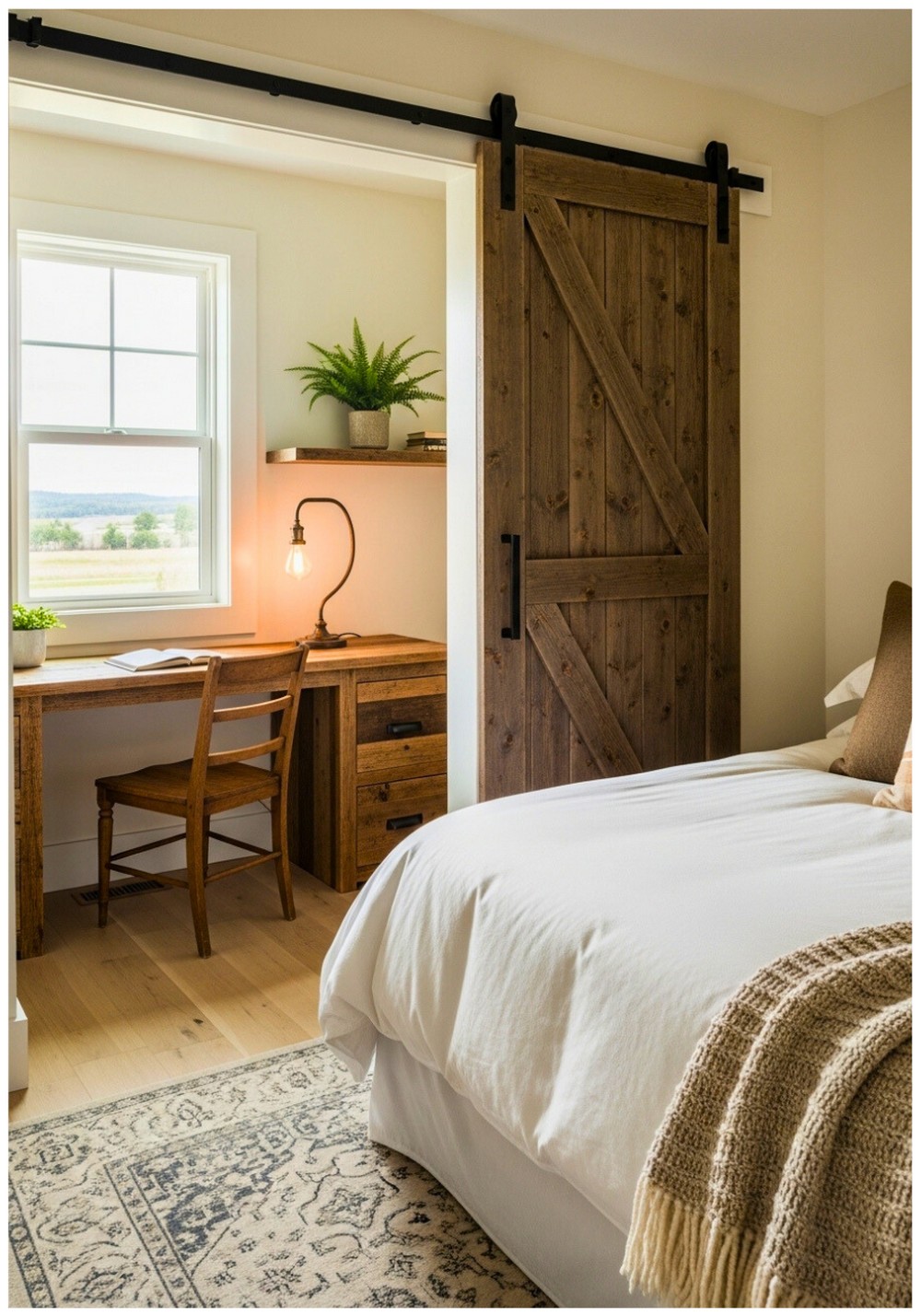Farmhouse Rustic Charm Barn Door Separation With Reclaimed Wood Desk