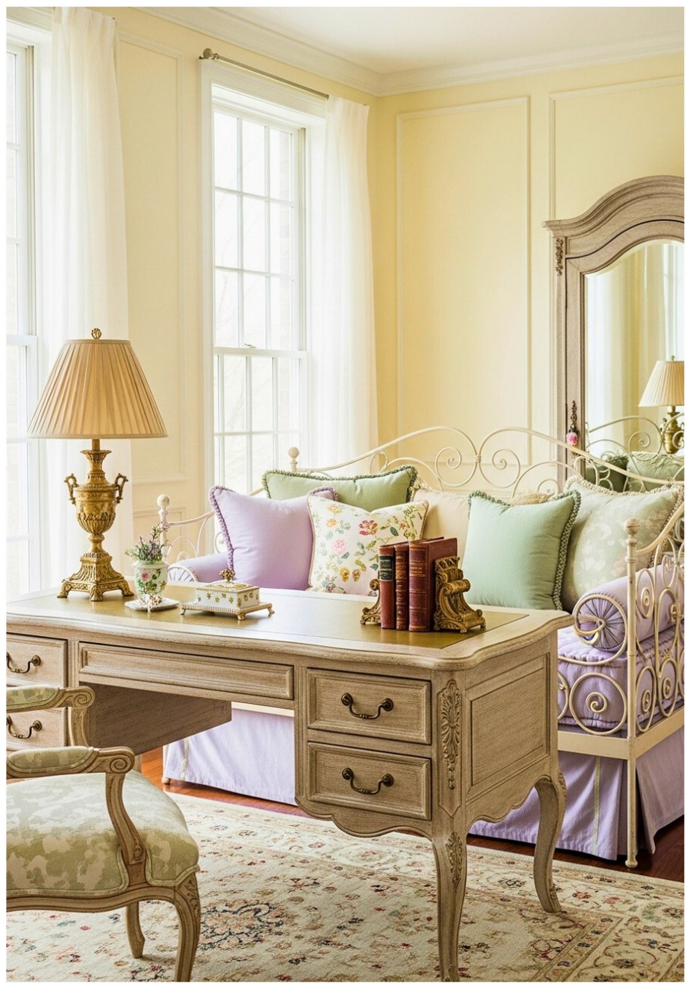 French Provincial Elegance Ornate Desk With Wrought Iron Daybed