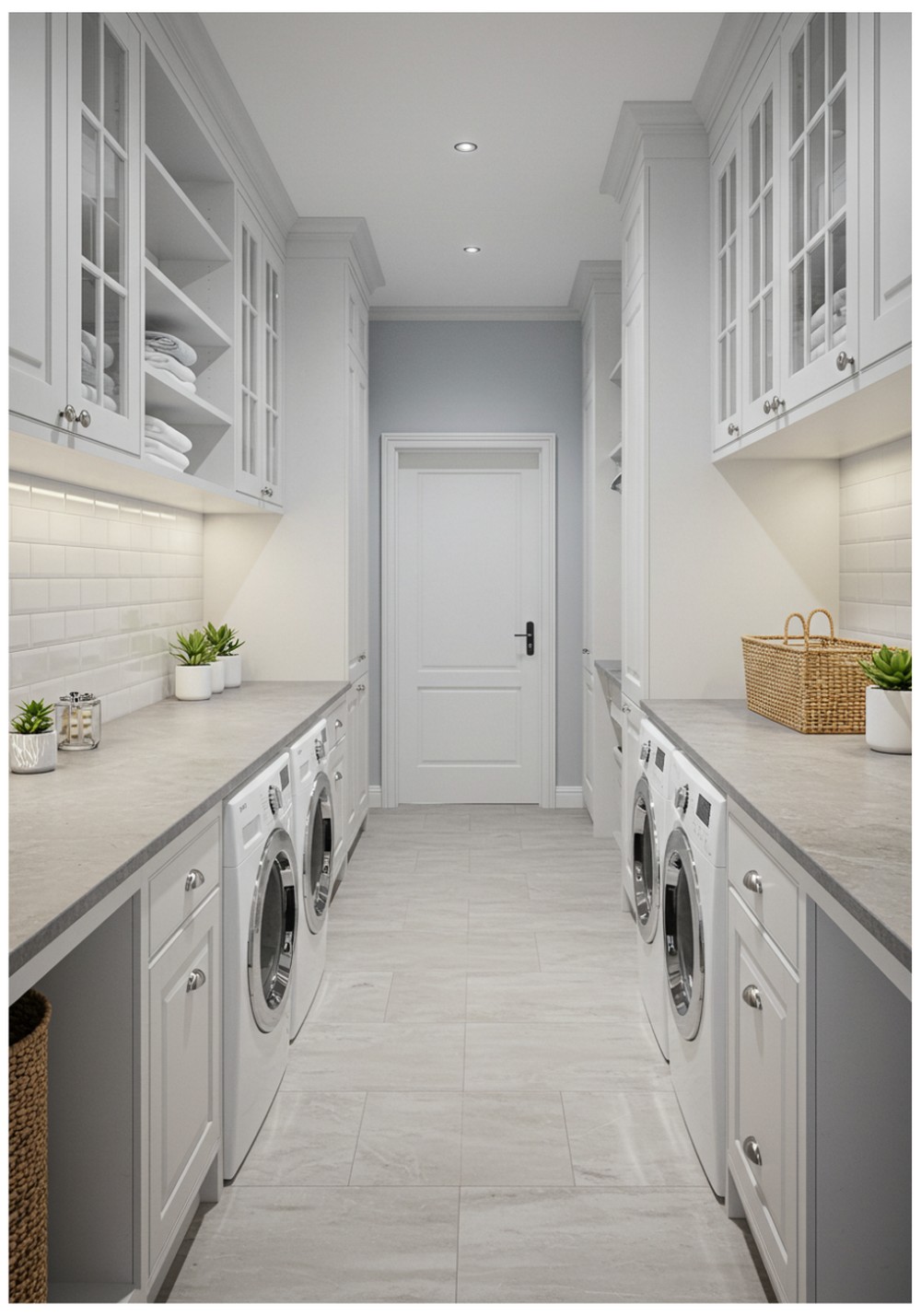 Galley-Style Laundry Room With Floor-To-Ceiling Storage