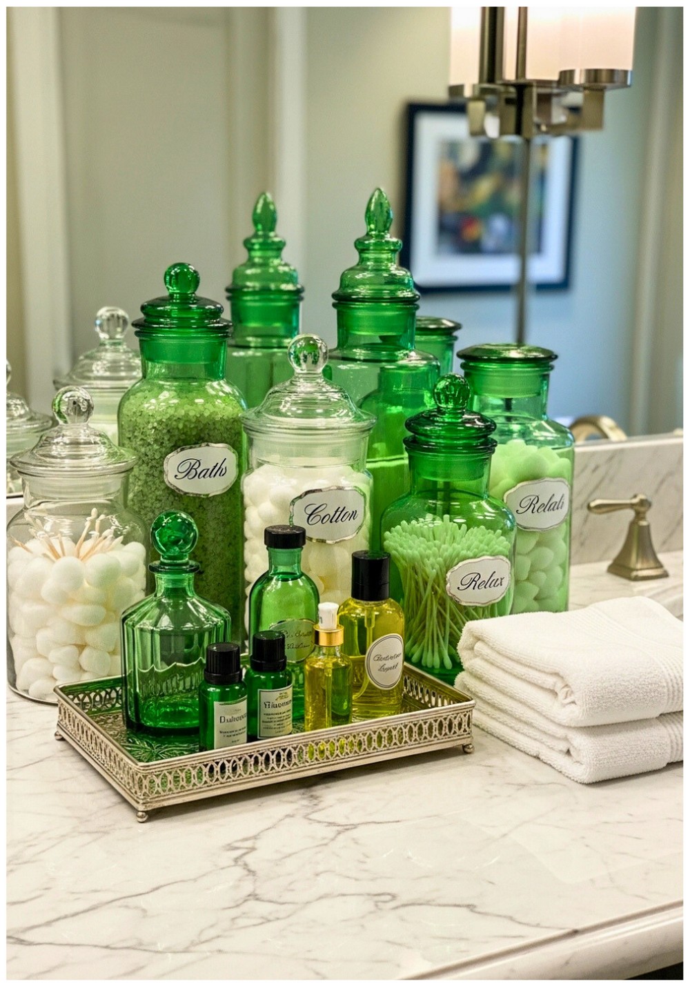 Green Glass Vessels Bathroom Apothecary Jars and Decorative Bottles