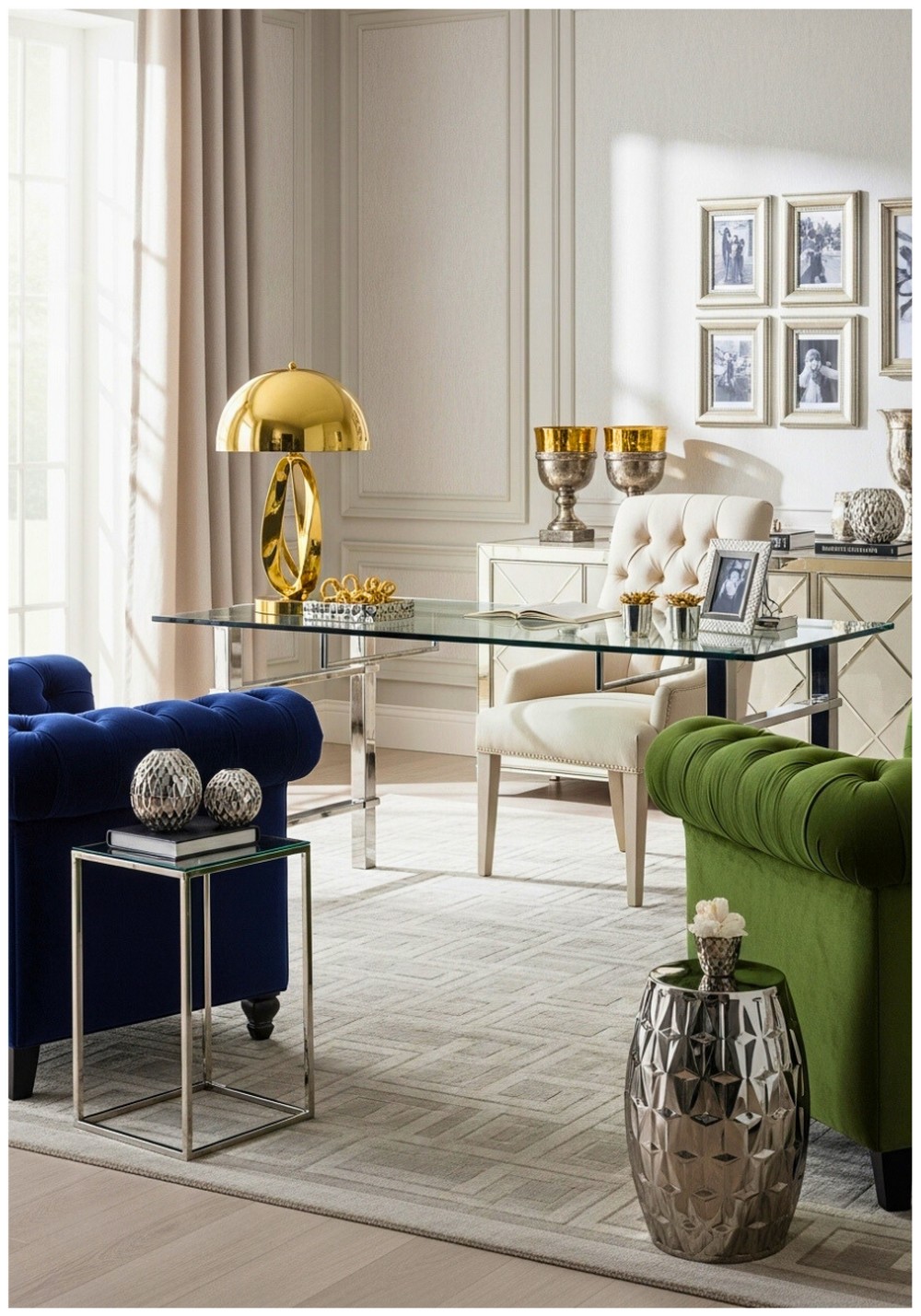 Hollywood Glam Tufted Furniture and Metallic Finishes