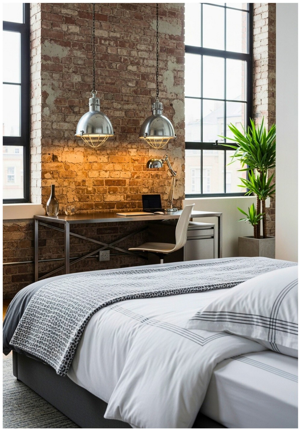 Industrial Loft Exposed Brick Walls With Metal Desk Accents