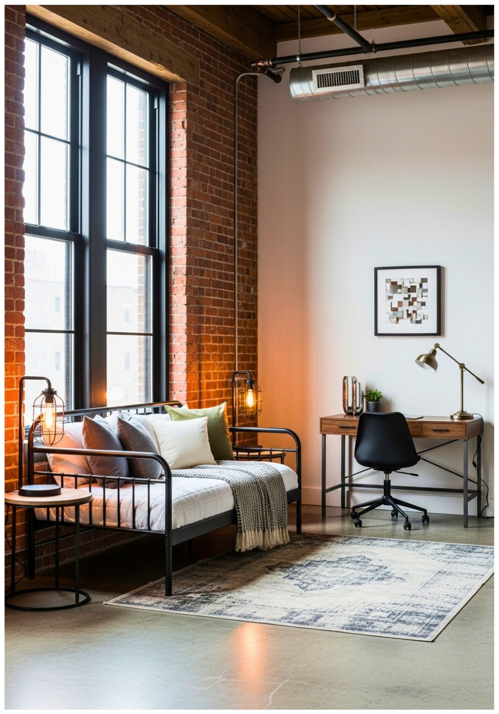 Industrial Loft Style Exposed Brick Walls With Metal Frame Daybed