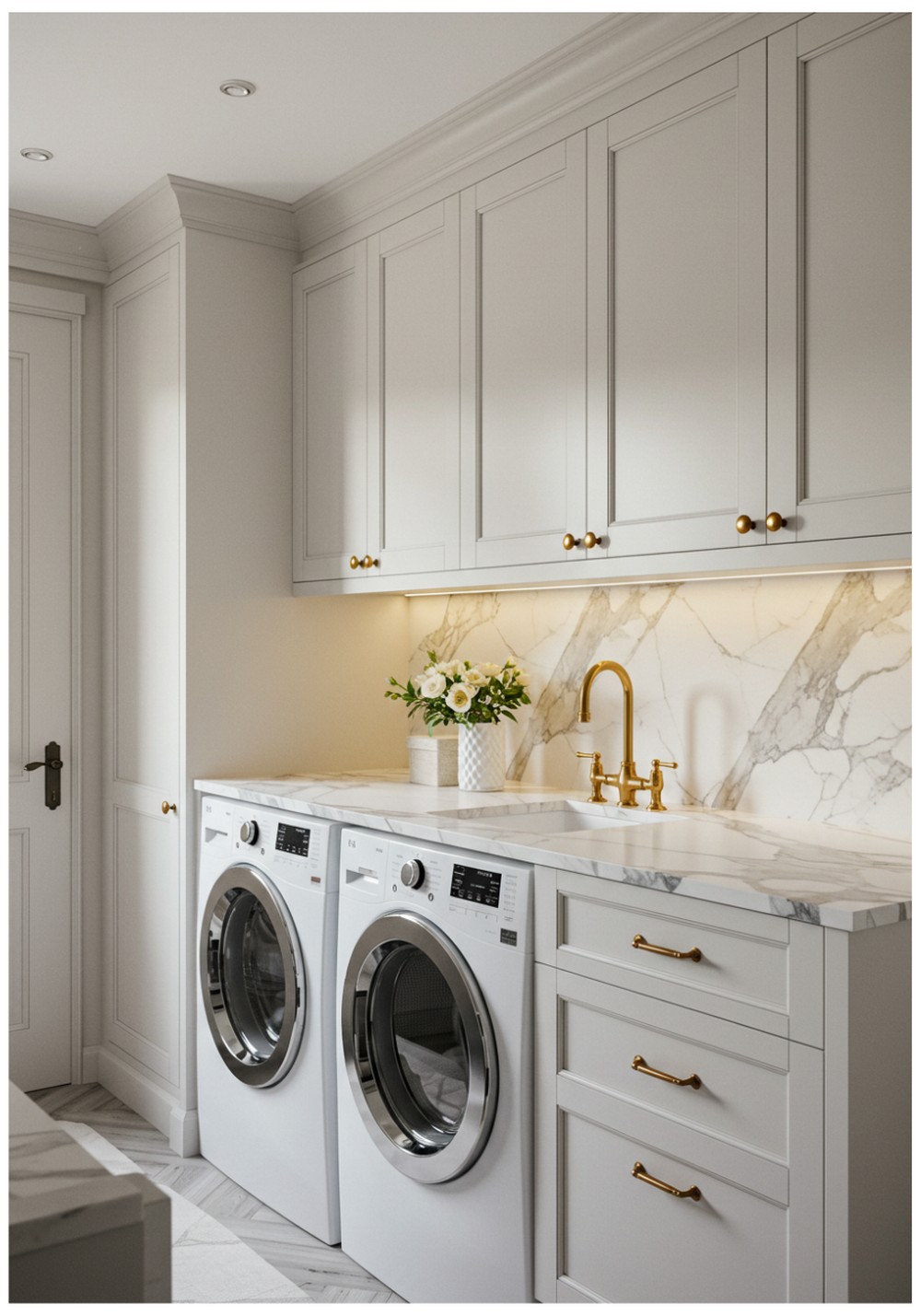Luxurious Marble and Gold Hardware Laundry Design