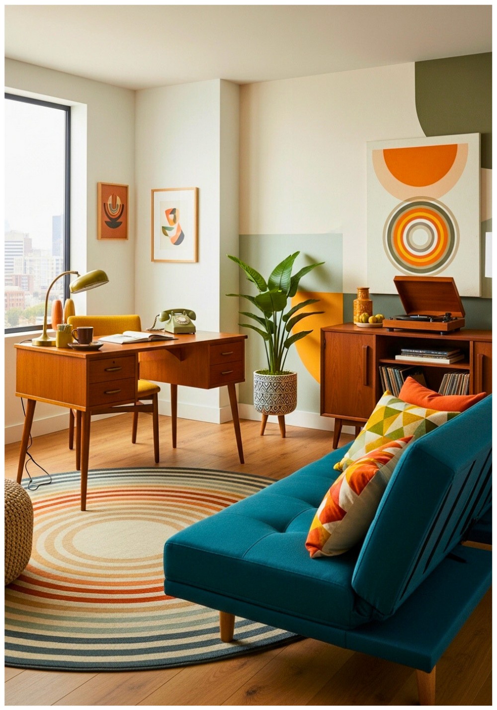 Mid-Century Modern Blend Vintage Desk Paired With Convertible Futon