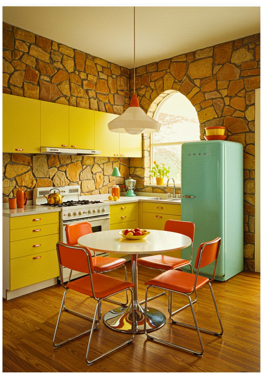Midcentury Modern Stone Wall Kitchen