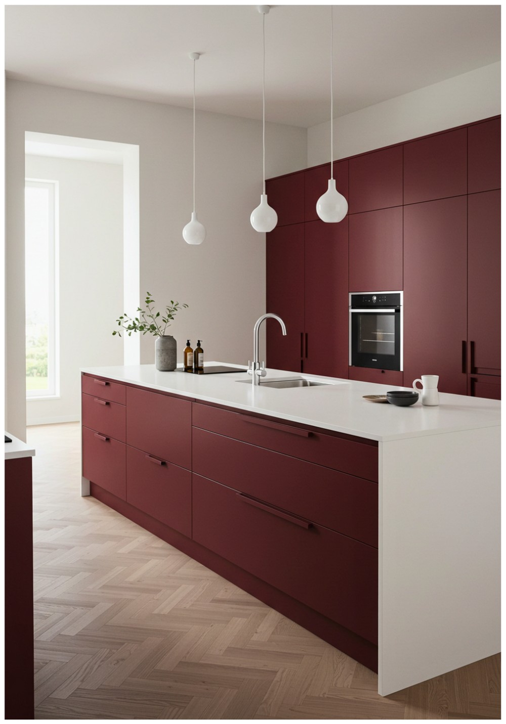Minimalist Burgundy Kitchen Cabinets