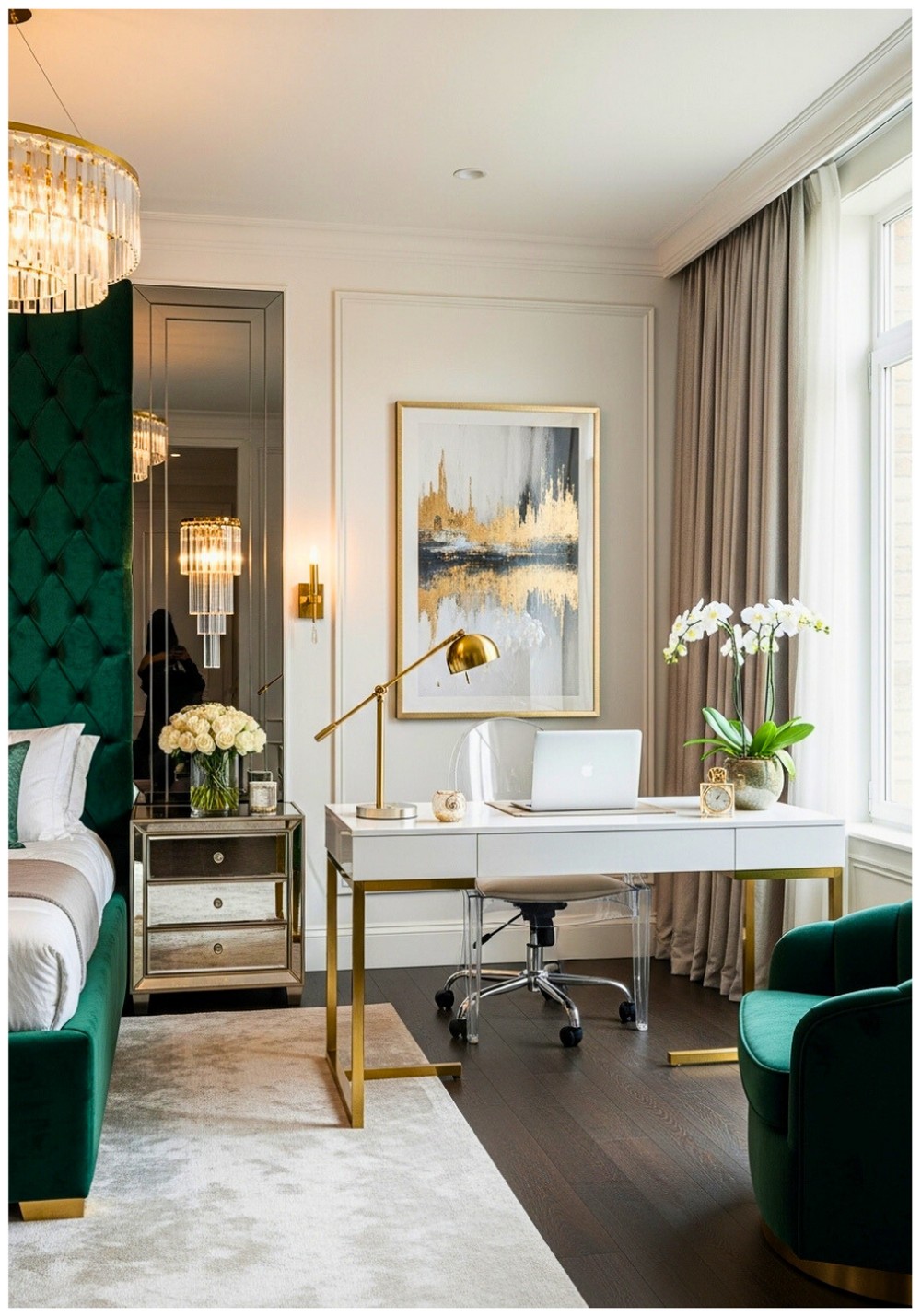 Modern Glamour Velvet Upholstery and Crystal Lighting
