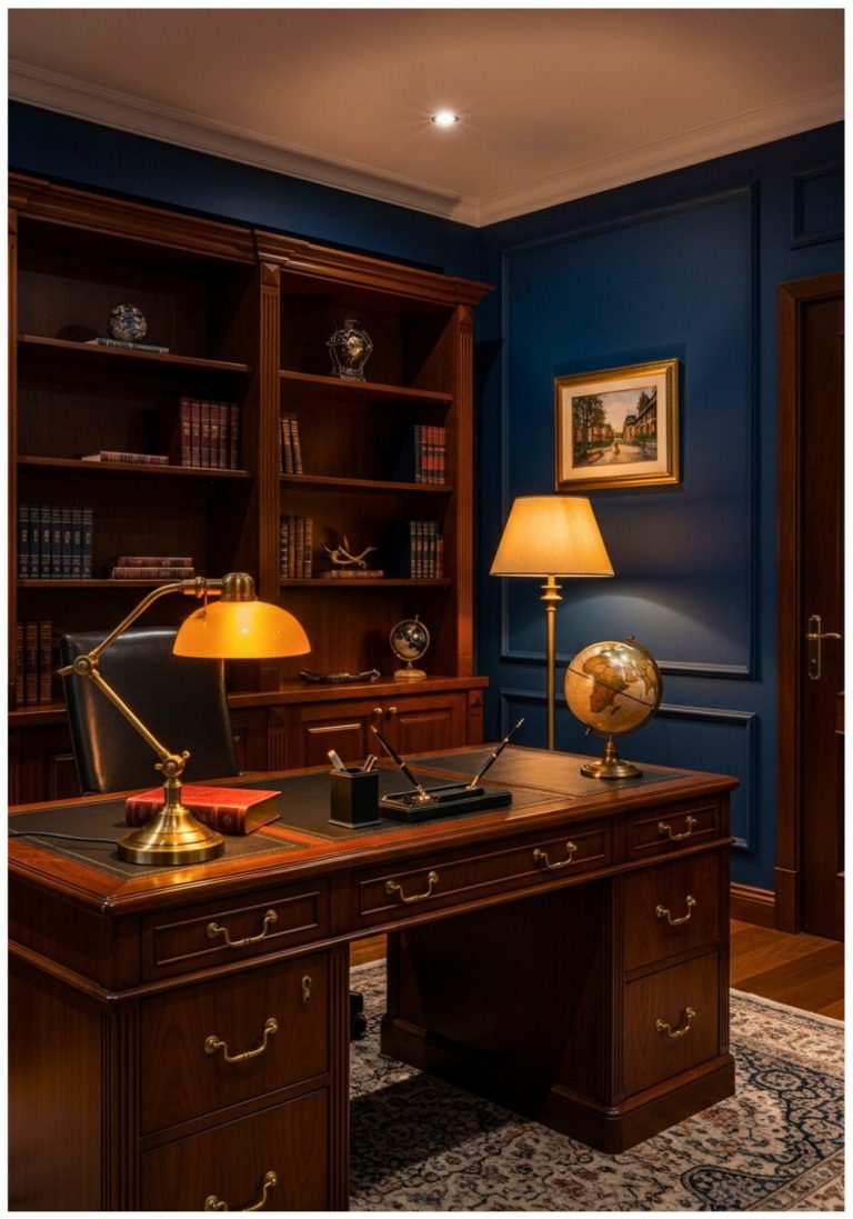 Navy Walls With Brass Hardware Accents