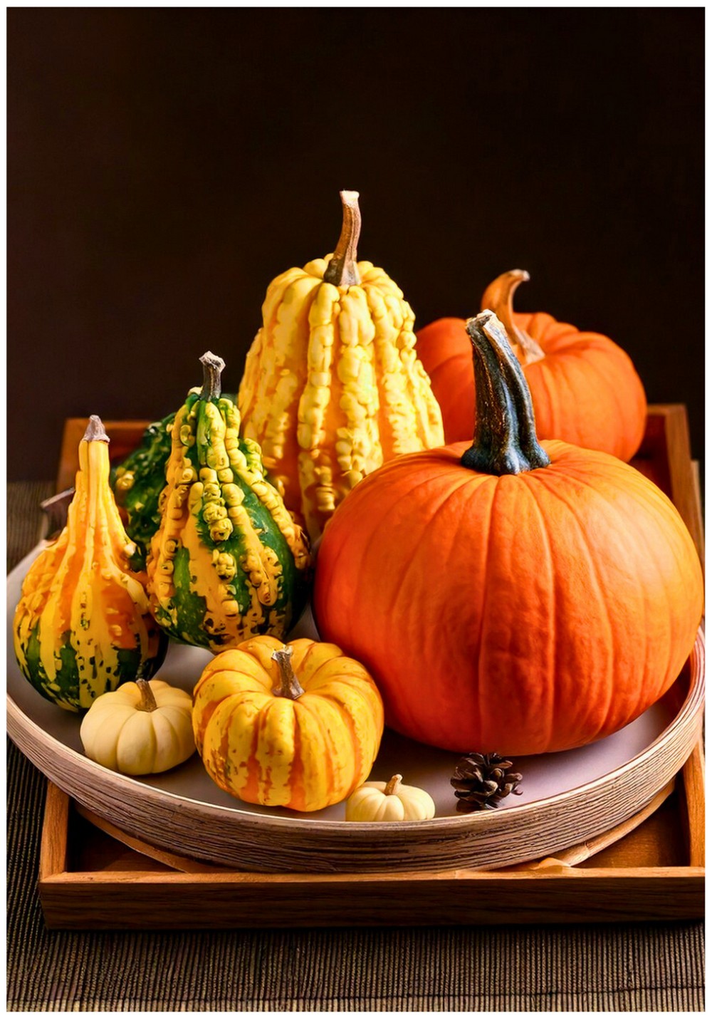 Pumpkin and Gourd Arrangement on a Tray