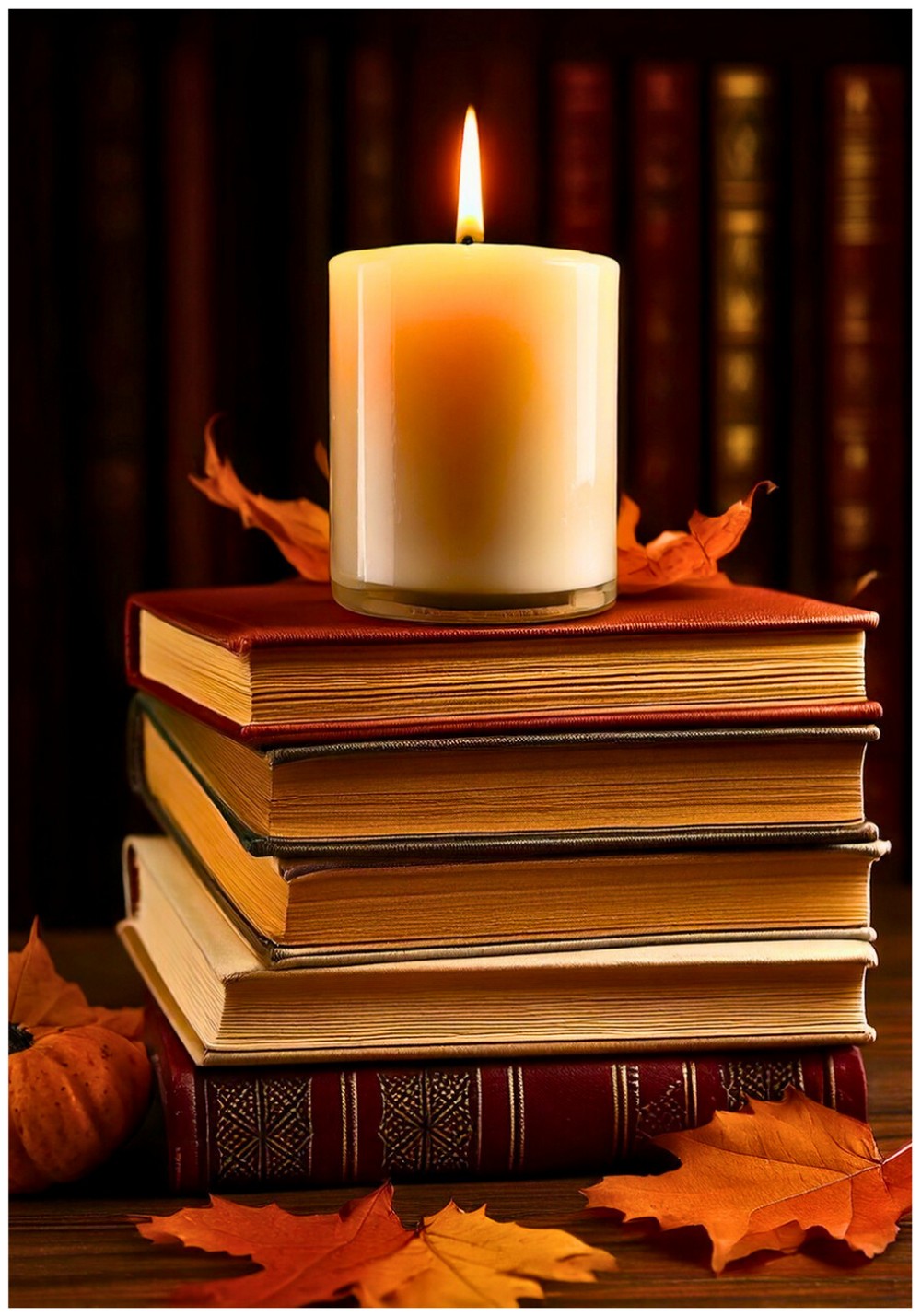 Stacked Books with a Fall Scented Candle