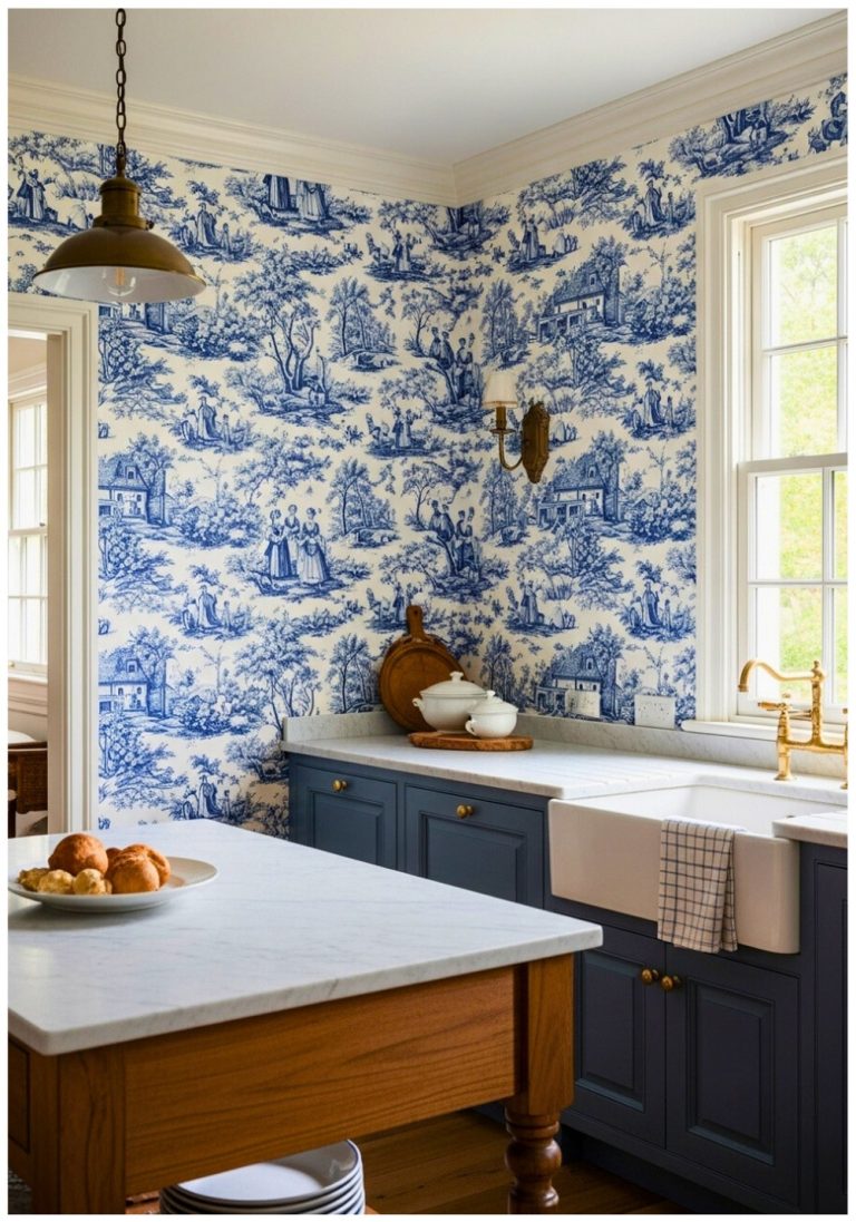Toile Pattern Blue Wallpaper