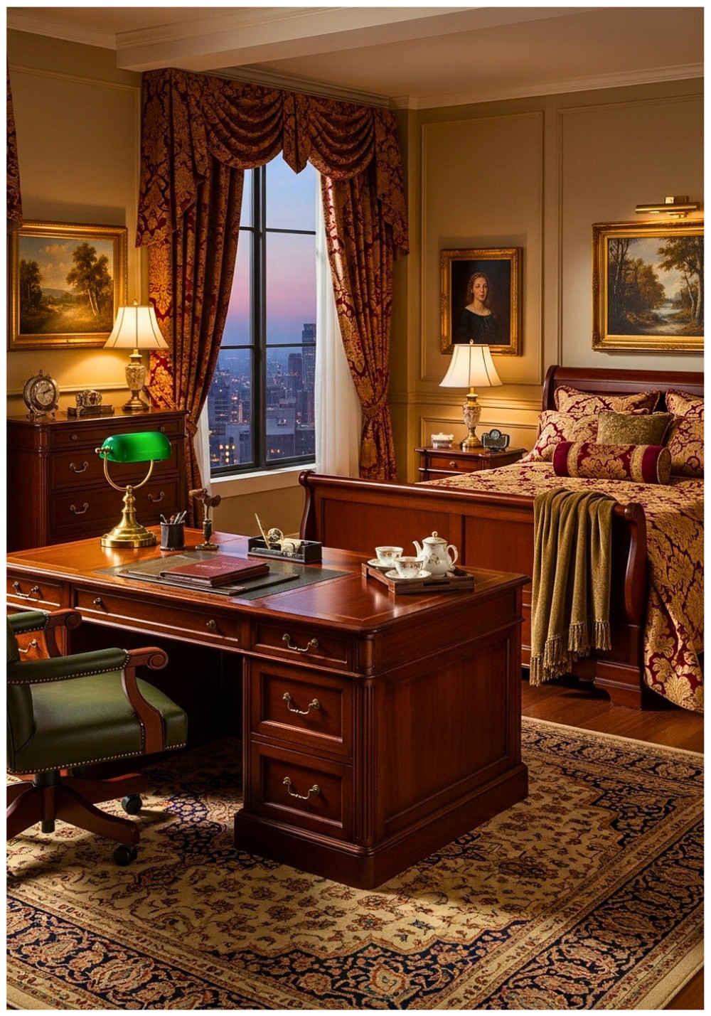 Traditional Executive Suite Cherry Wood Desk With Classic Sleigh Bed