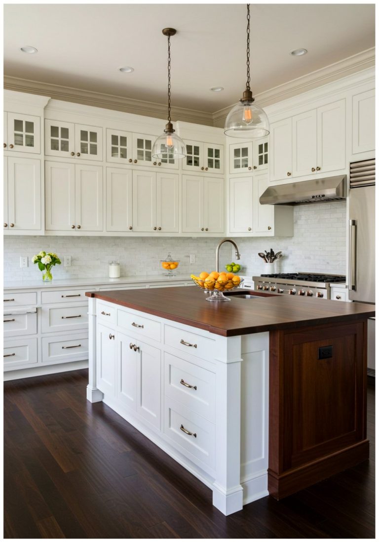 Transitional White Kitchen with Dark Floors
