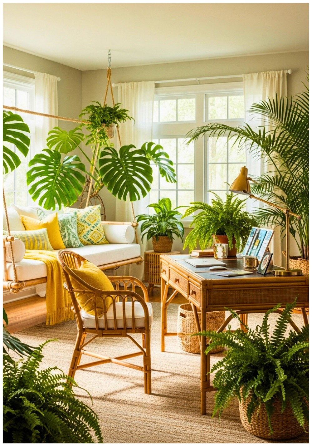 Tropical Paradise Office Rattan Furniture With Hanging Daybed
