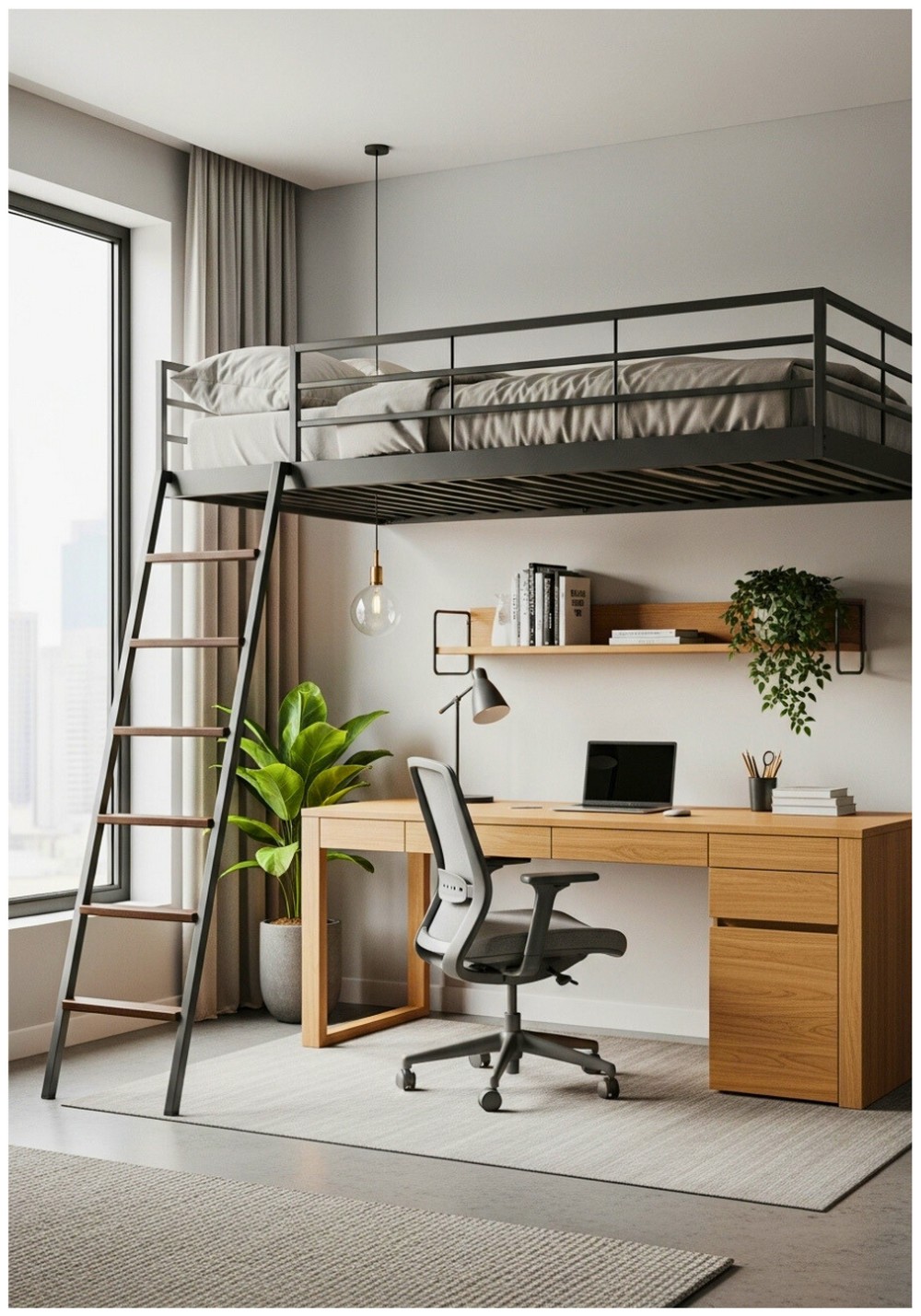 Urban Studio Apartment Lofted Bed Above Dedicated Workspace