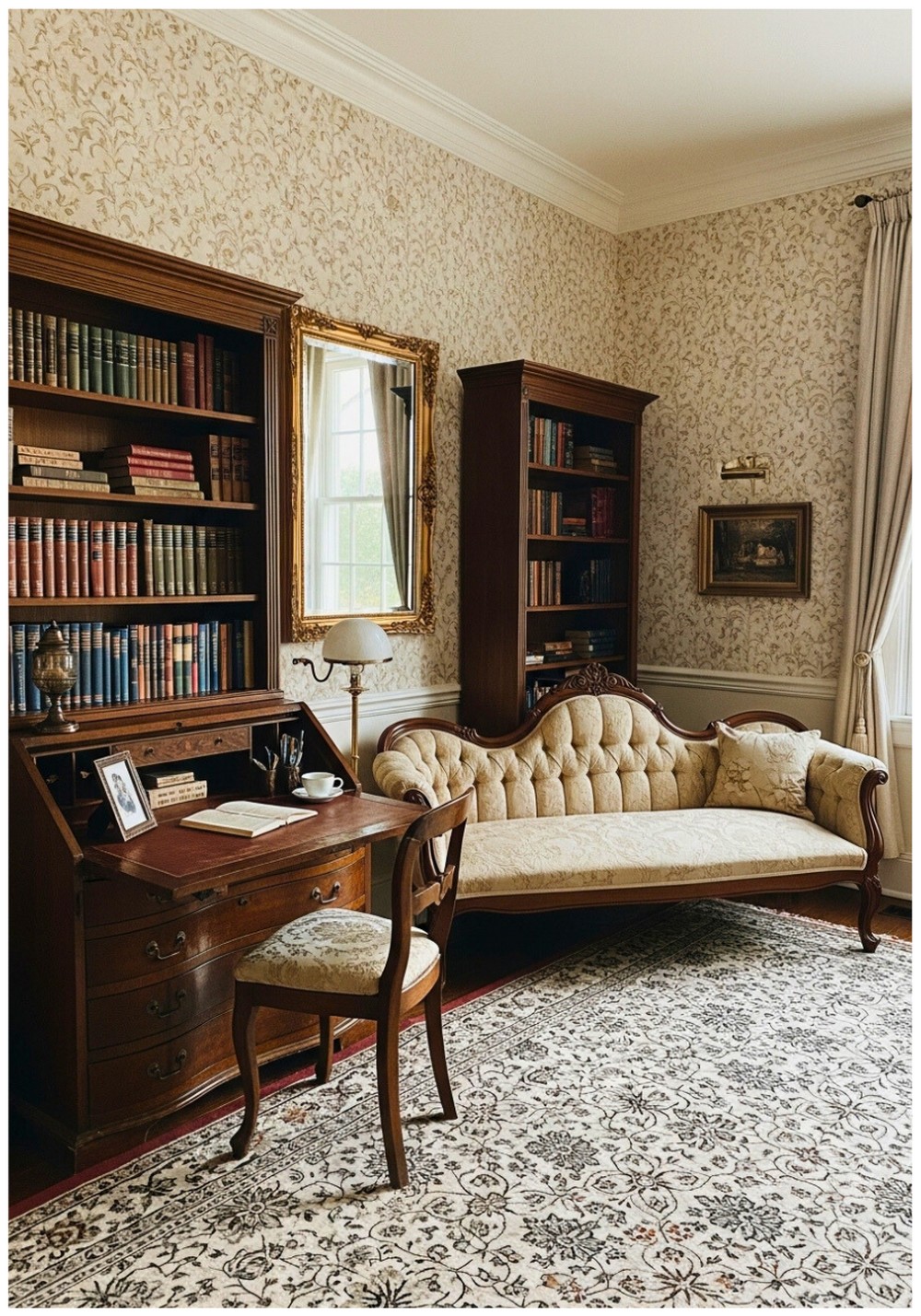 Victorian Reading Room Antique Writing Bureau With Tufted Chaise Lounge