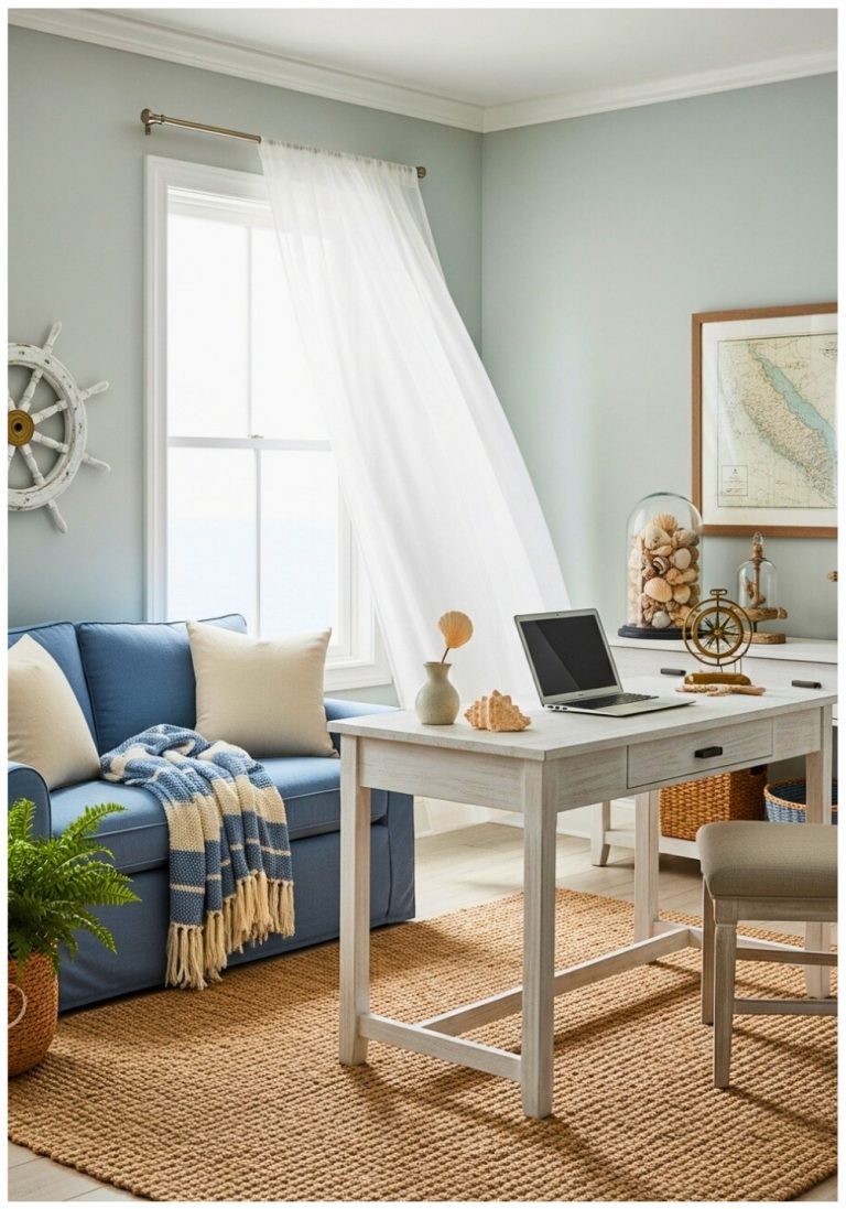 White Washed Desk With Blue Linen Loveseat